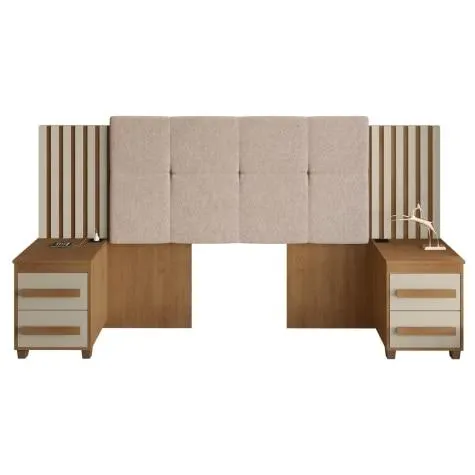 Cabeceira Casal Extensível com 2 Mesas de Apoio Ripado e Estofado Cinamomo/Off White Suíça RV Móveis