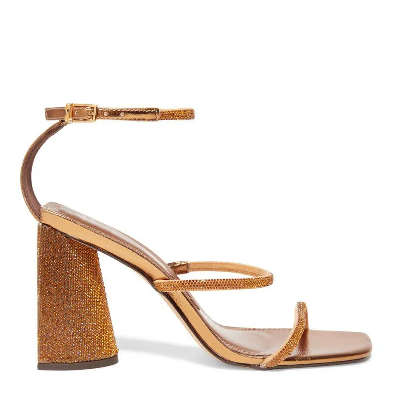 Sandália Shiny Metalizada Bronze Salto Quadrado