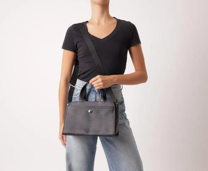 Bolsa Tote Preta Média Gorgurão Bolso Frontal