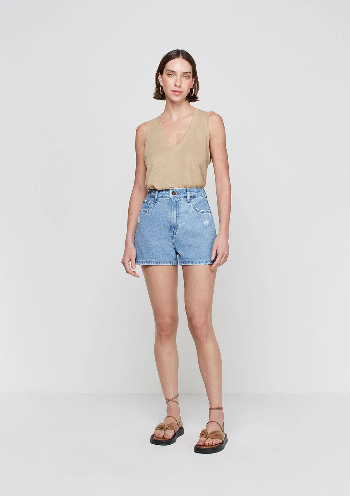 Shorts Jeans Cintura Alta Detalhe Rasgos - Azul