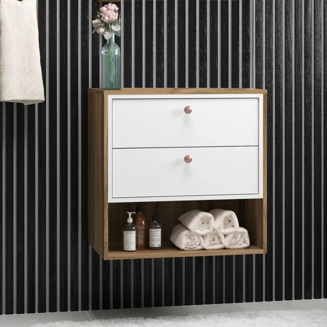 Gabinete de Banheiro Gael com 2 Gavetas sem Cuba Nogal e Branco Móveis Bosi