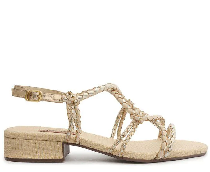 Sandália Entrelaçada Dourada Chicote Salto Bloco