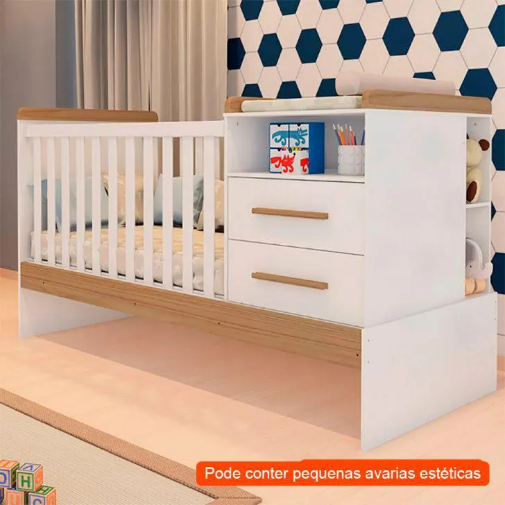 [OUTLET] Berço Multifuncional Vini Branco e Carvalho