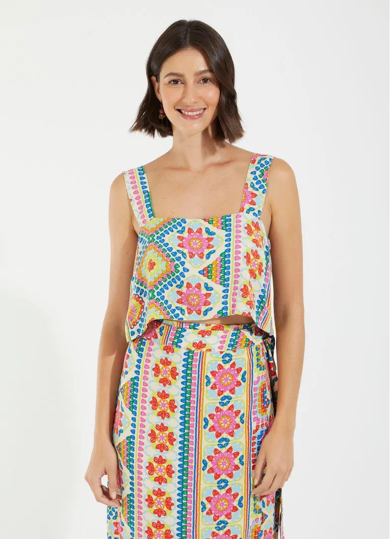 Cropped quadrado estampado feito à mão