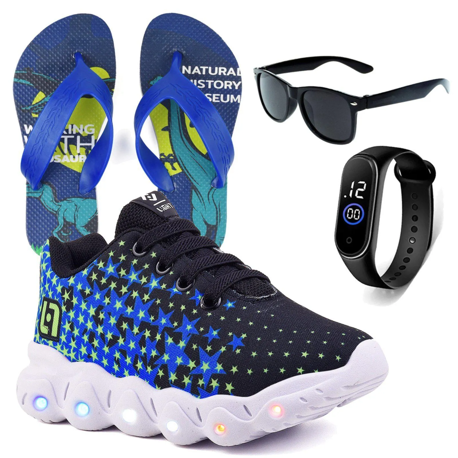 Tenis Infantil De Led Meninos Casual Preto e Azul Com Luzes Chinelo Óculos e Relógio