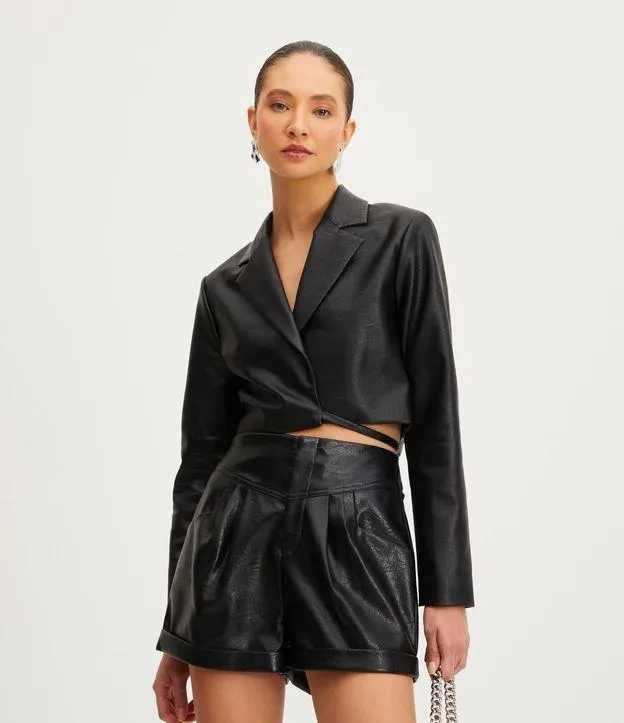 Blazer Cropped em Material Sintético com Amarração na Cintura Preto