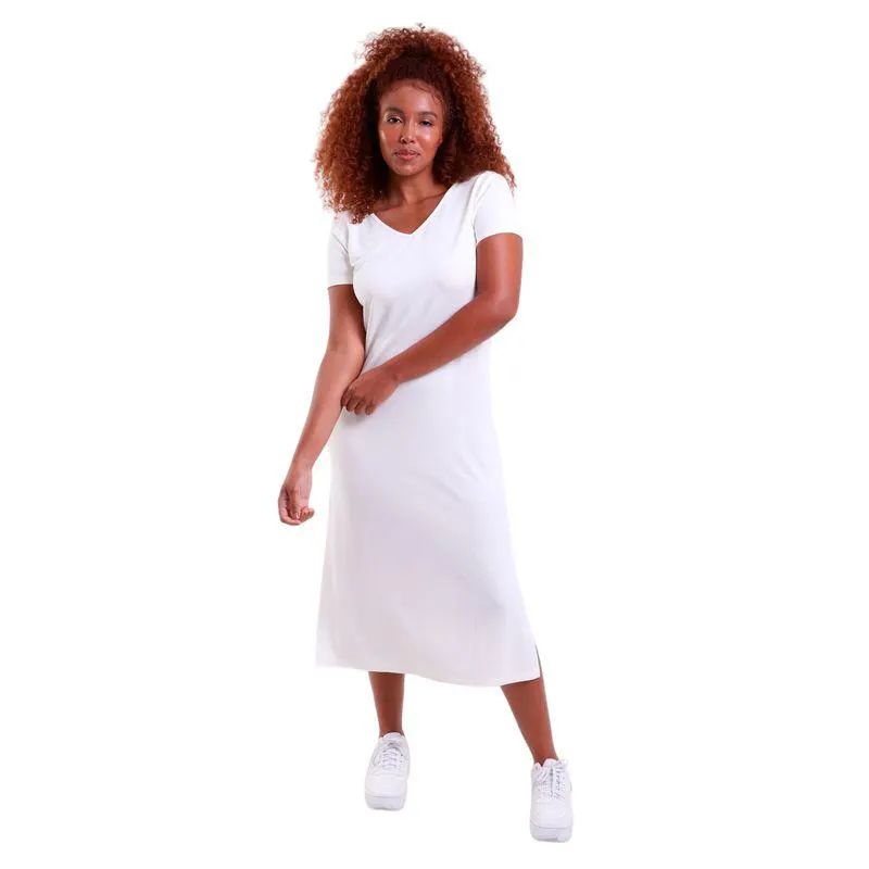Vestido Longo Manga Curta Gola V Trendz Off White