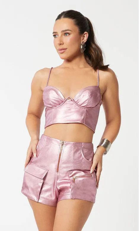 Cropped Faux Leather Metalizado Strass - Quartzo Rosa