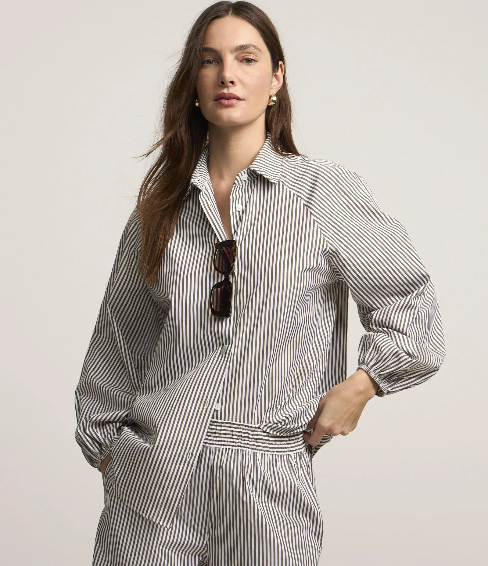 Camisa Listrado em Tricoline com Cava Raglan Verde