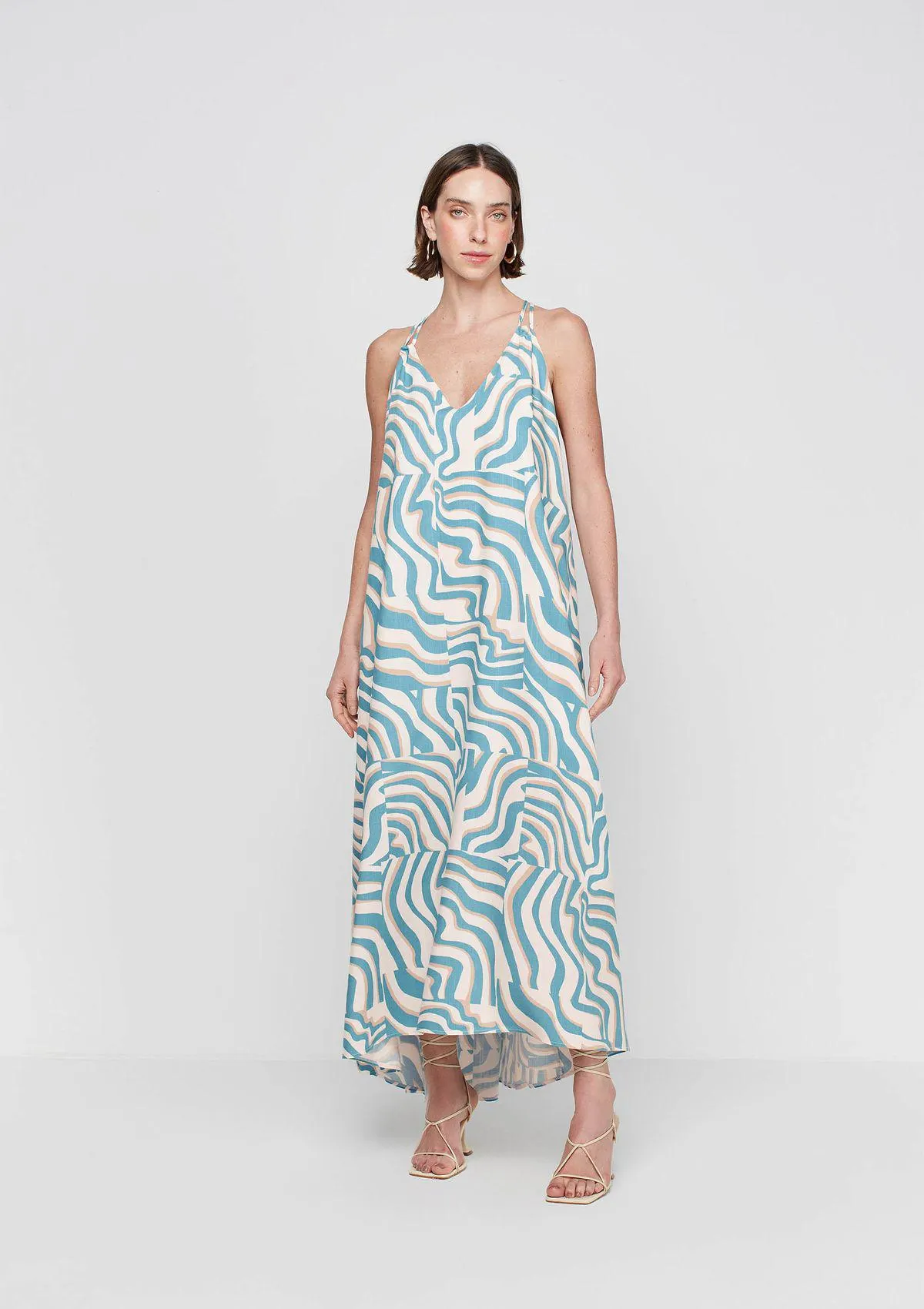 Vestido Longo Decote V Em Viscose - Azul