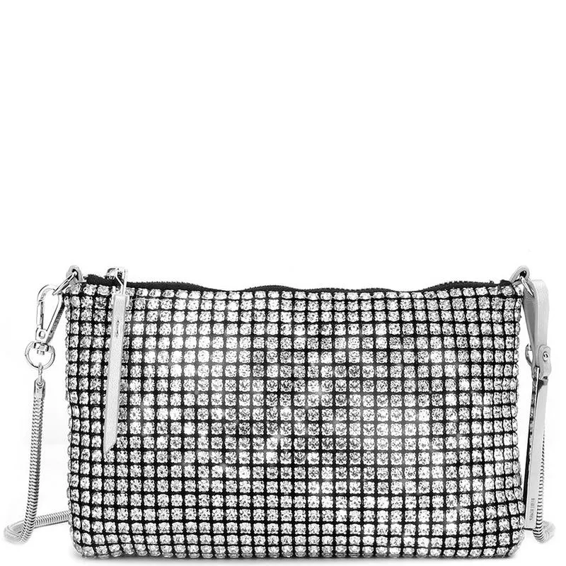 Bolsa Retangular Transversal Pequena de Malha Cristal Strass Prata