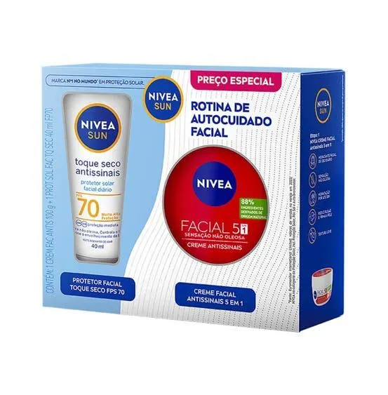 Kit Protetor Solar Facial Nivea Sun FPS70 40ml + Creme Antissinais 100g