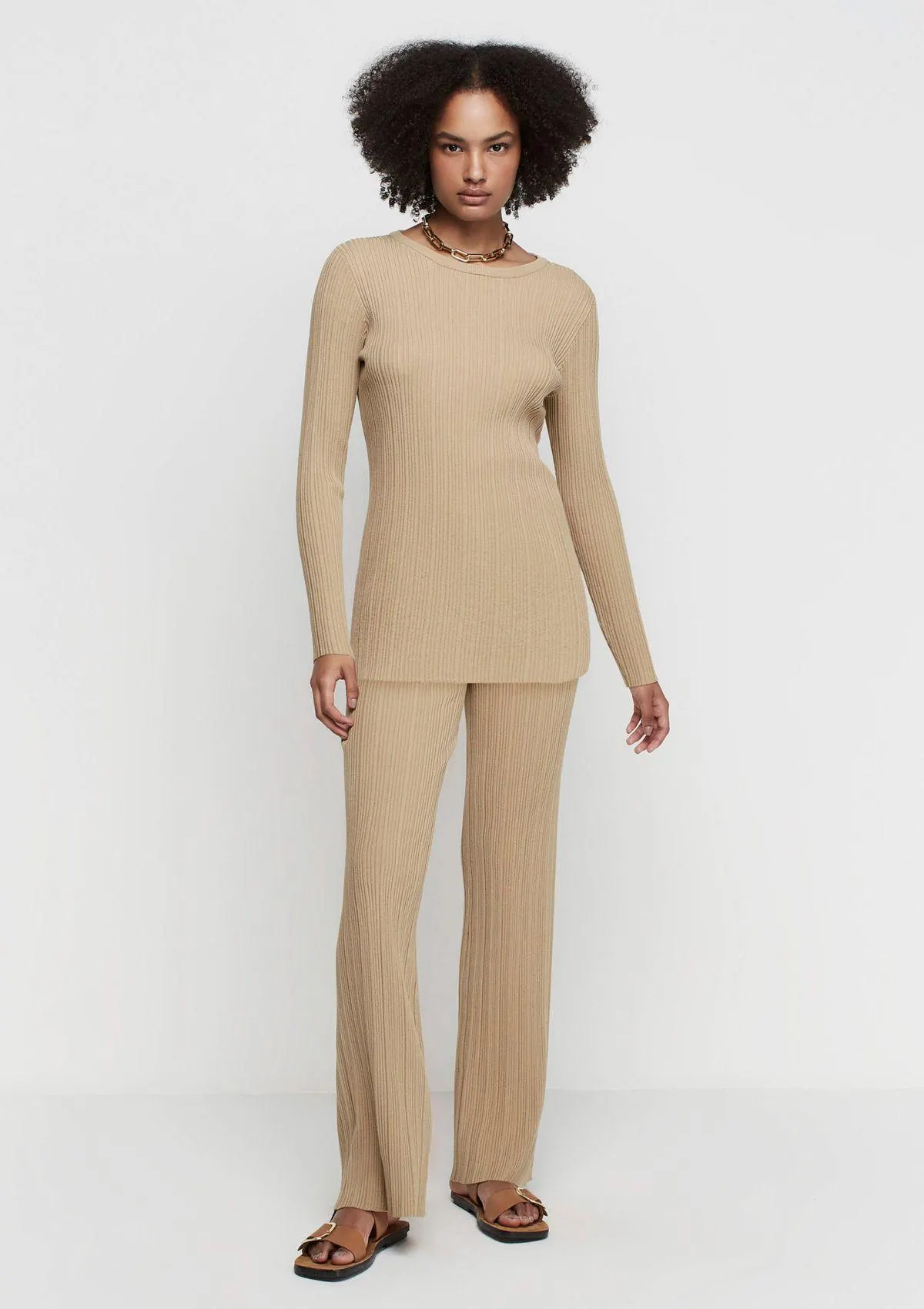 Calça Reta Cintura Alta Em Tricô - Bege