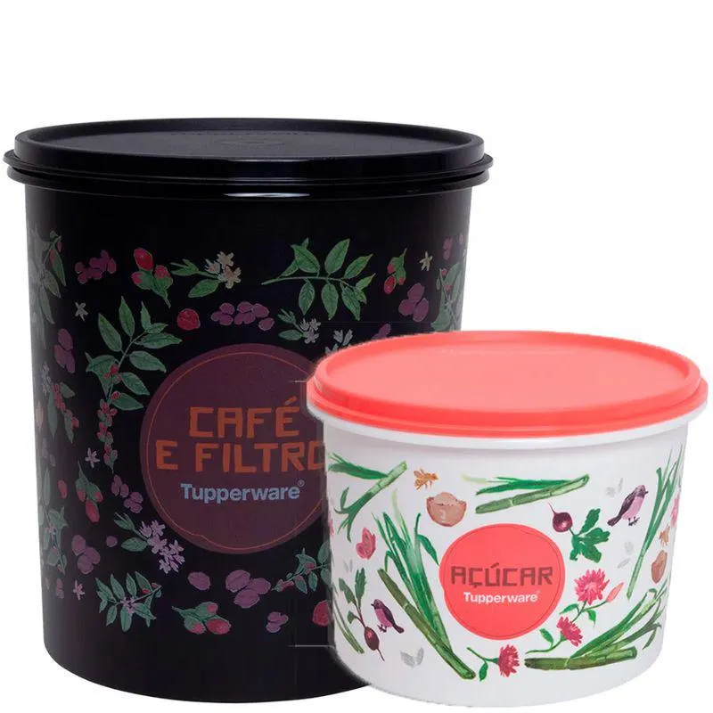 kit Tupper Caixa Floral Cafe e Filtro + Tupper Caixa Floral Açucar 1,4 Kg