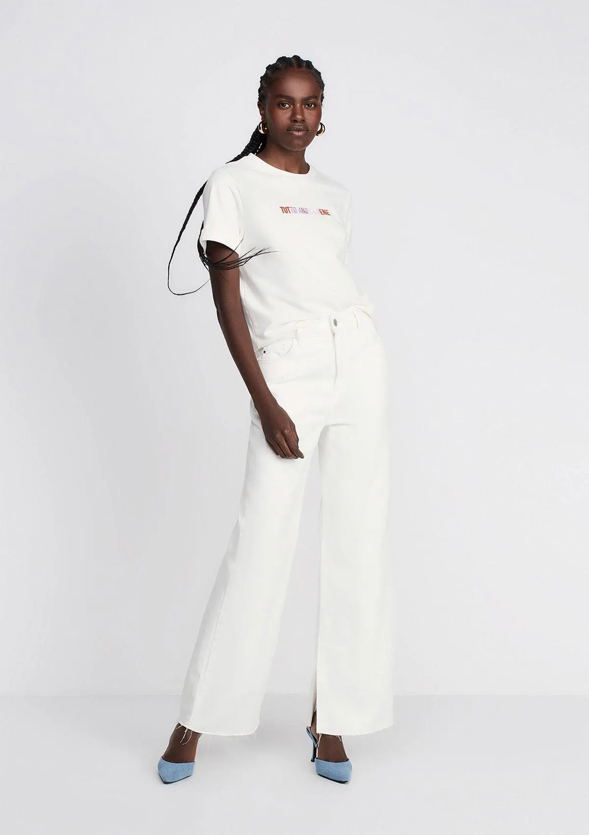 Calça Jeans Wide Leg Cintura Alta - Off White