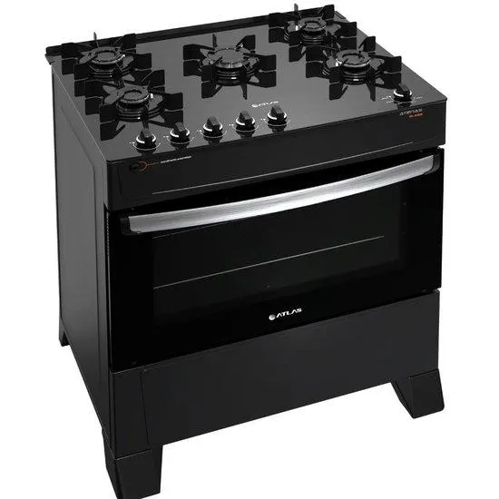 Fogão Atlas 5 Bocas Preto Atenas Glass com Acendimento Automático - Bivolt
