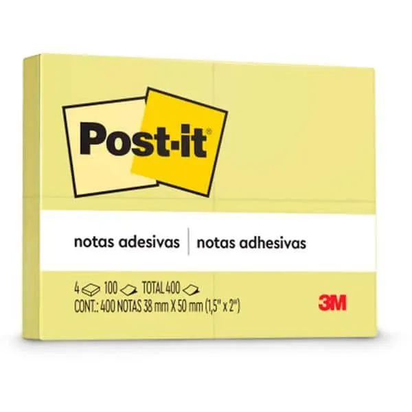 Bloco Adesivo Post-It Amarelo - 4 Bloco de 38mm X 50mm - 100 Folhas - PT 4 UN