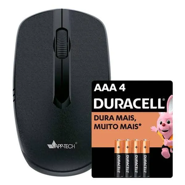 Mouse sem fio, Preto, 1200dpi, MW150, App-tech + Pilha Alcalina Palito, AAA, Duracell - CX 1 UN