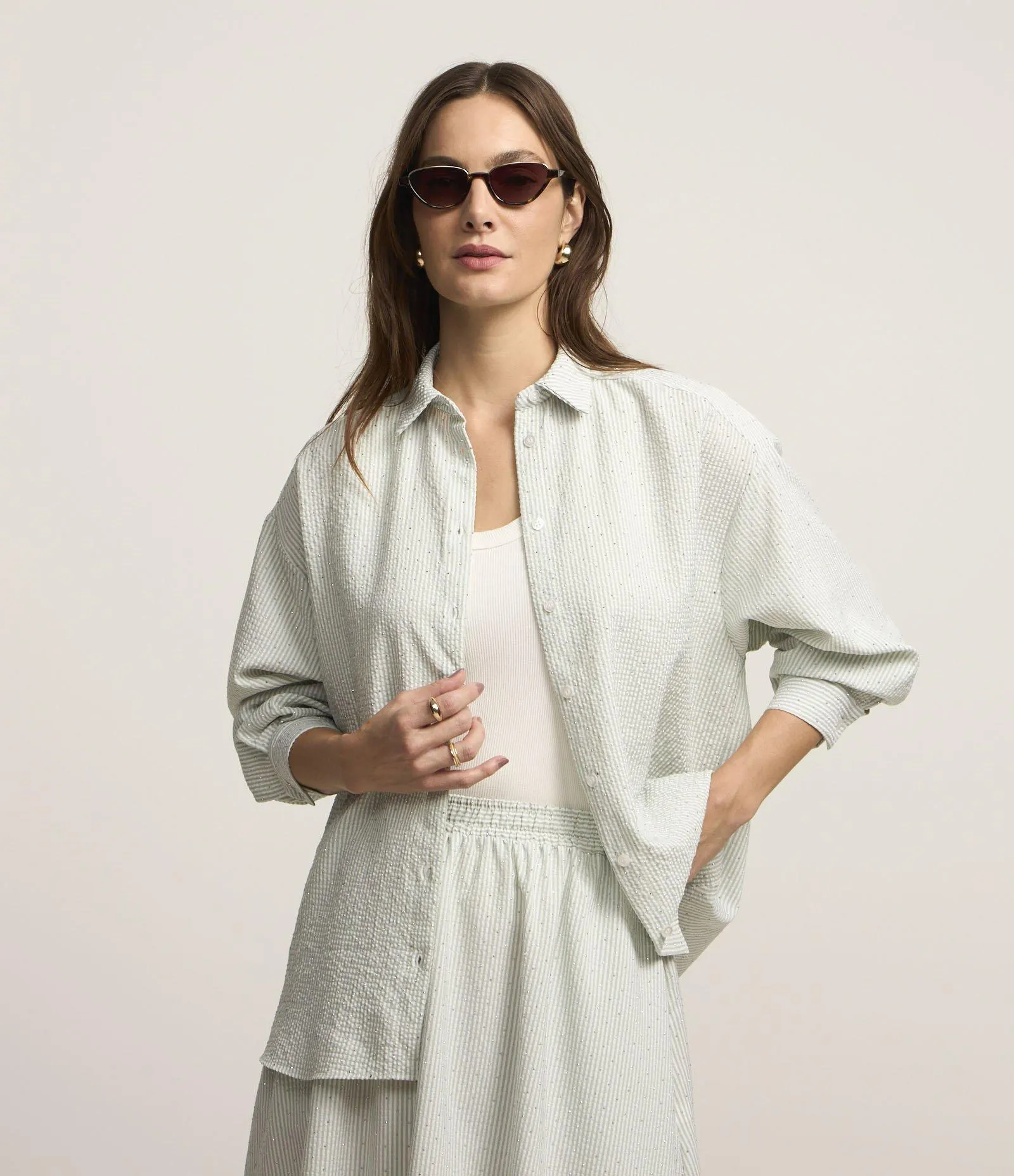 Camisa em Tricoline com Estampa Listrada Verde