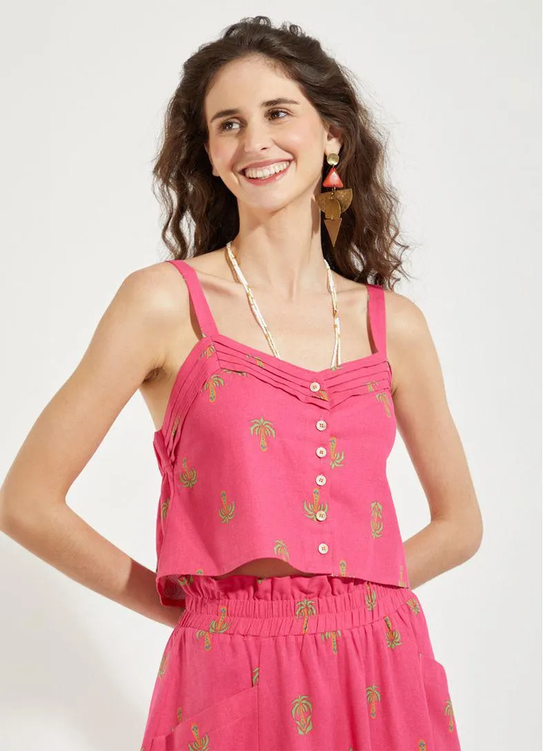 Blusa alça prega estampada palmeirinhas