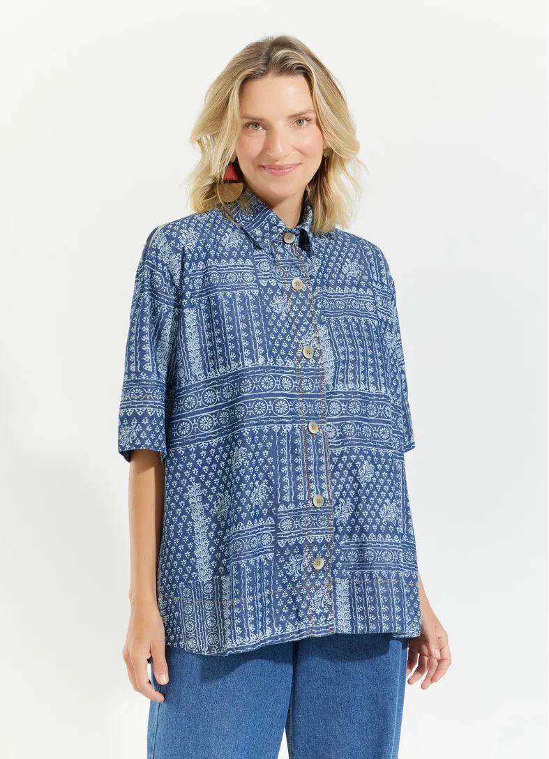 Camisa jeans mix estampado lenços ao vento jeans