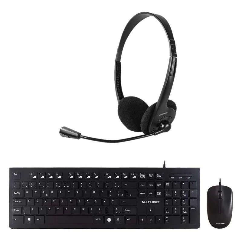 Combo Office - Teclado e Mouse com fio Multimídia 1200dpi Teclas Chocolate e Headset Classic Conexão p2 Preto - PH002K