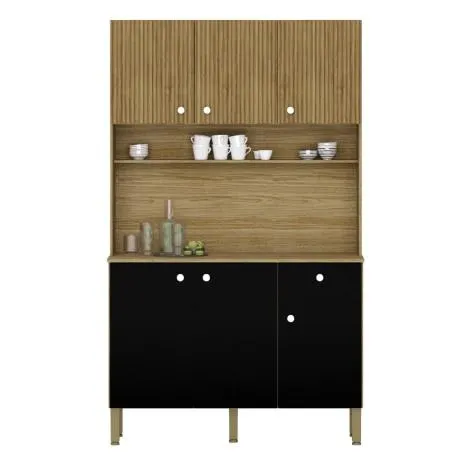 Armário de Cozinha Completa Compacta Ripado Impressão 3D 6 Portas 1 Gaveta Freijó / Preto Style Kits Paraná