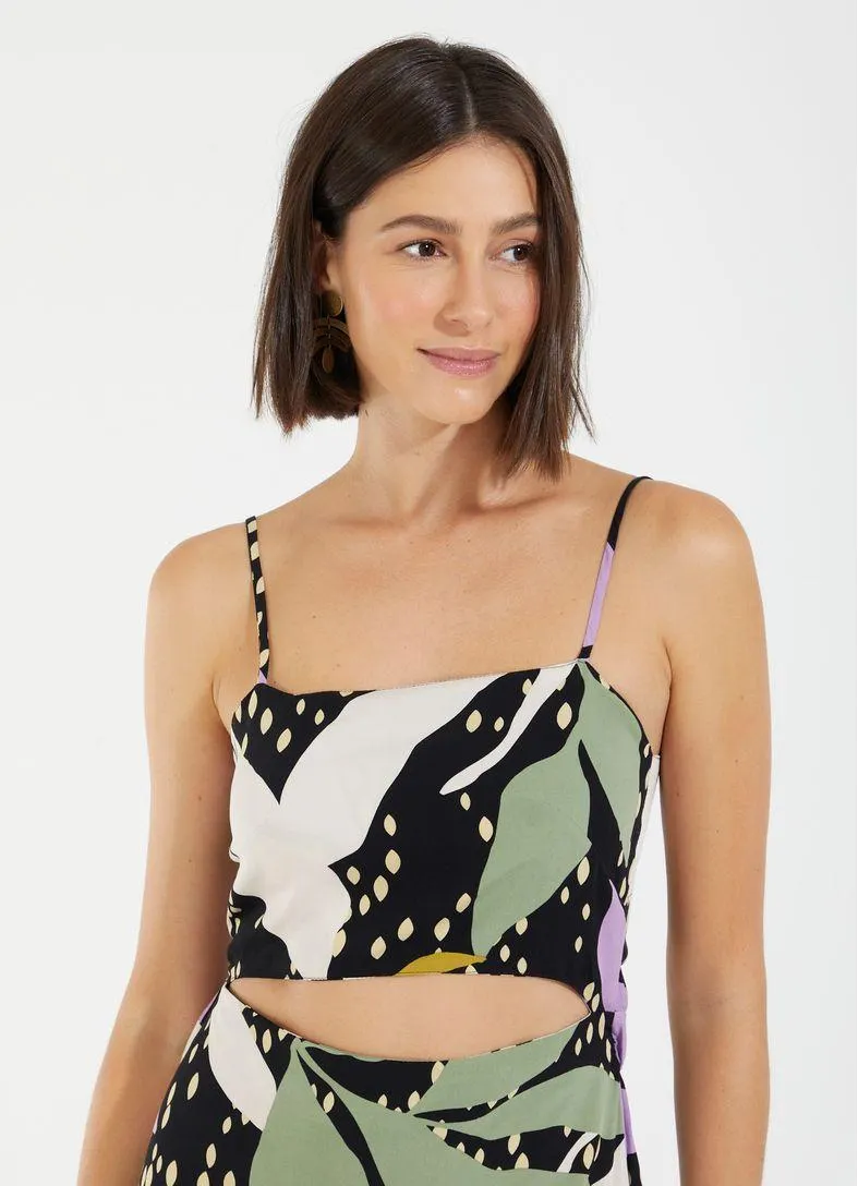 Vestido curto torcido estampado maxi folhagem