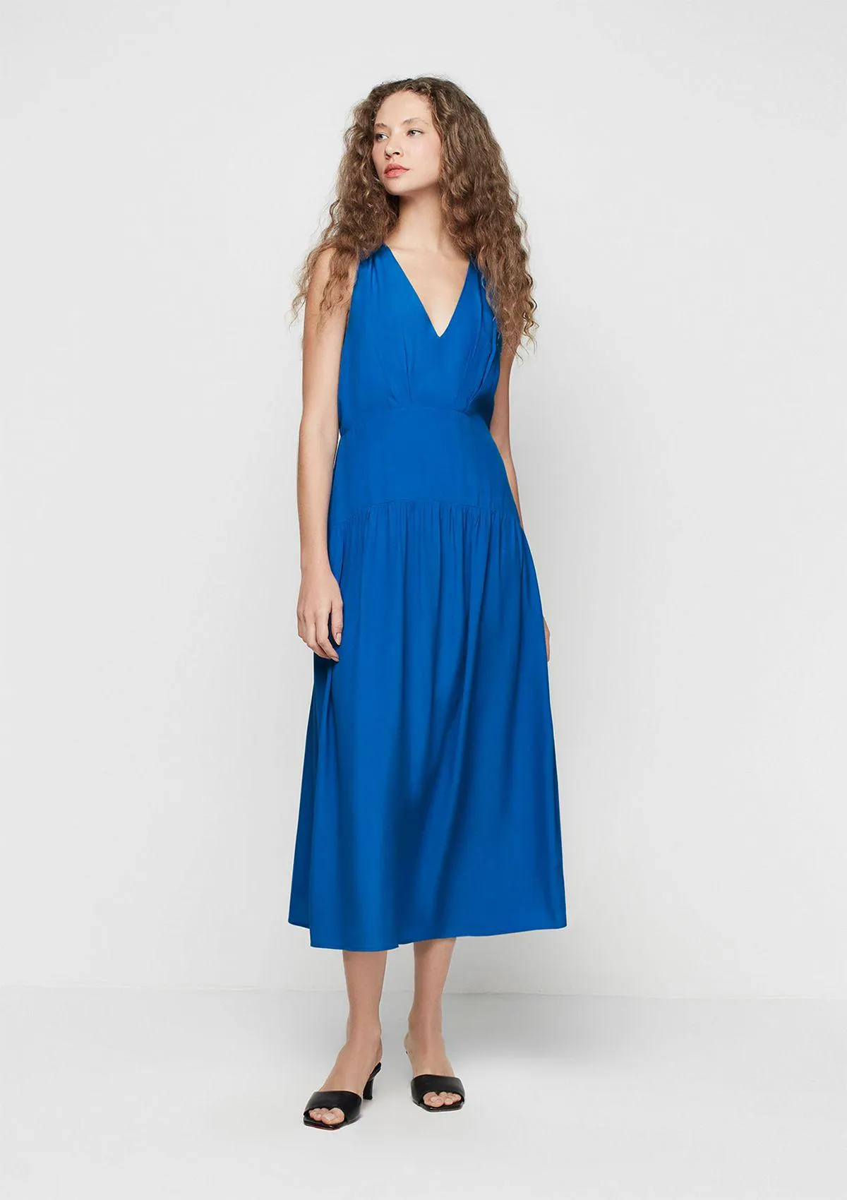 Vestido Midi Acinturado Decote V - Azul