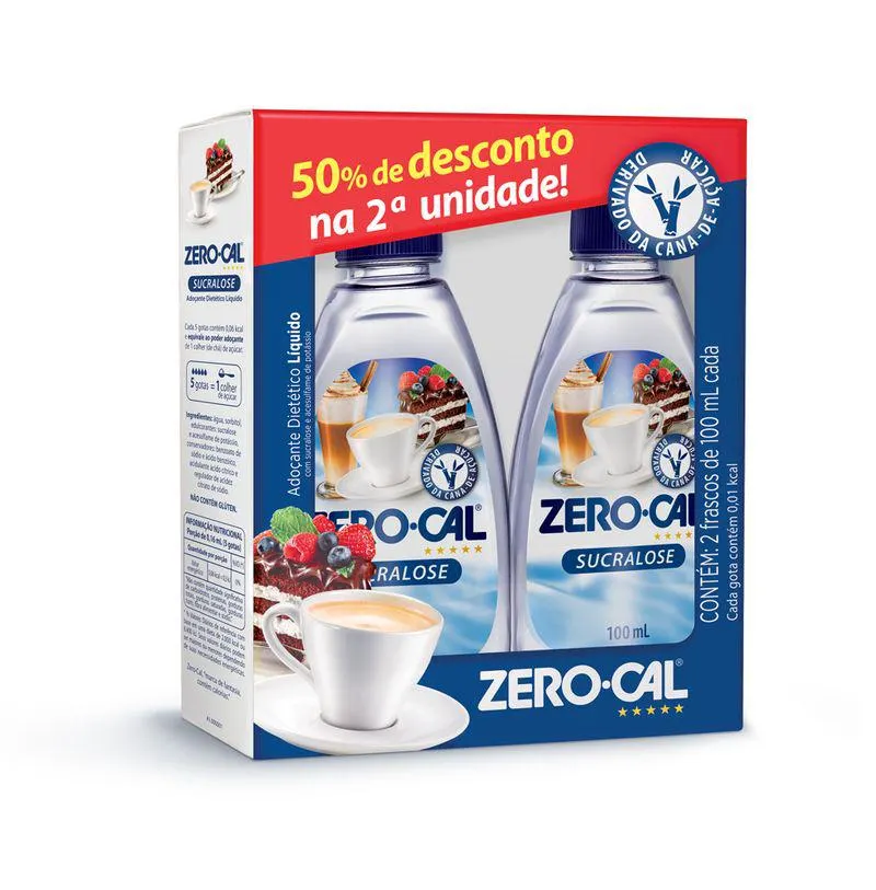 Kit Com 02 Adoçantes Zero Cal Sucralose 100ml Com 50% De Desconto Na Segunda Unidade
