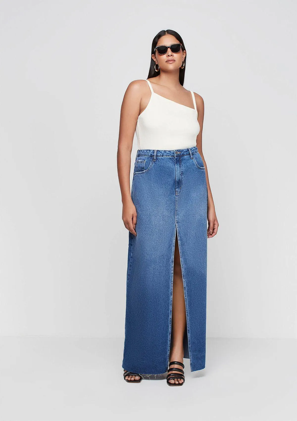 Saia Jeans Longa Cintura Alta Com Fenda - Azul