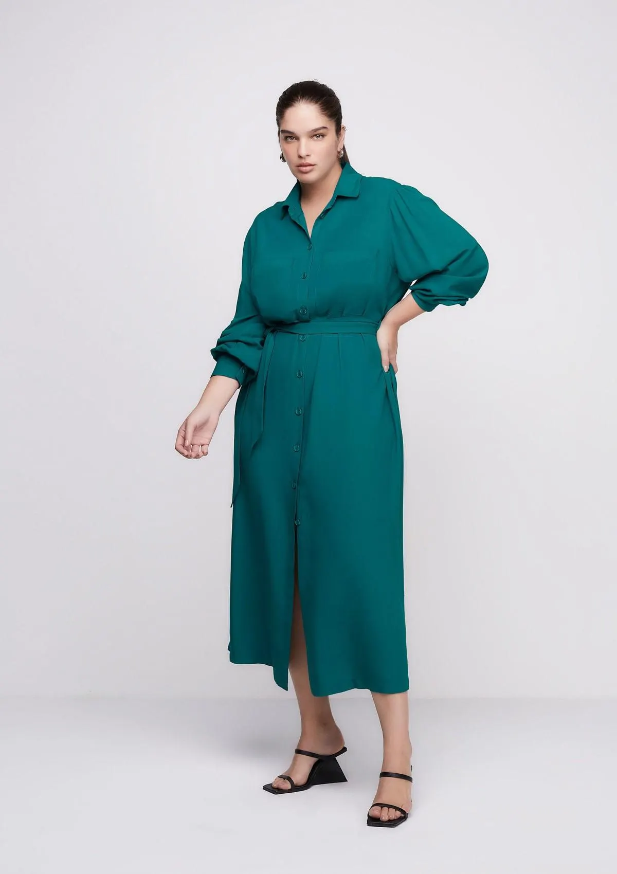 Vestido Chemise Midi Manga Longa Com Faixa - Verde