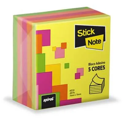 Bloco Adesivo Neon, 5 cores, 400 folhas, 76 x 76mm, Stick Note - PT 1 UN