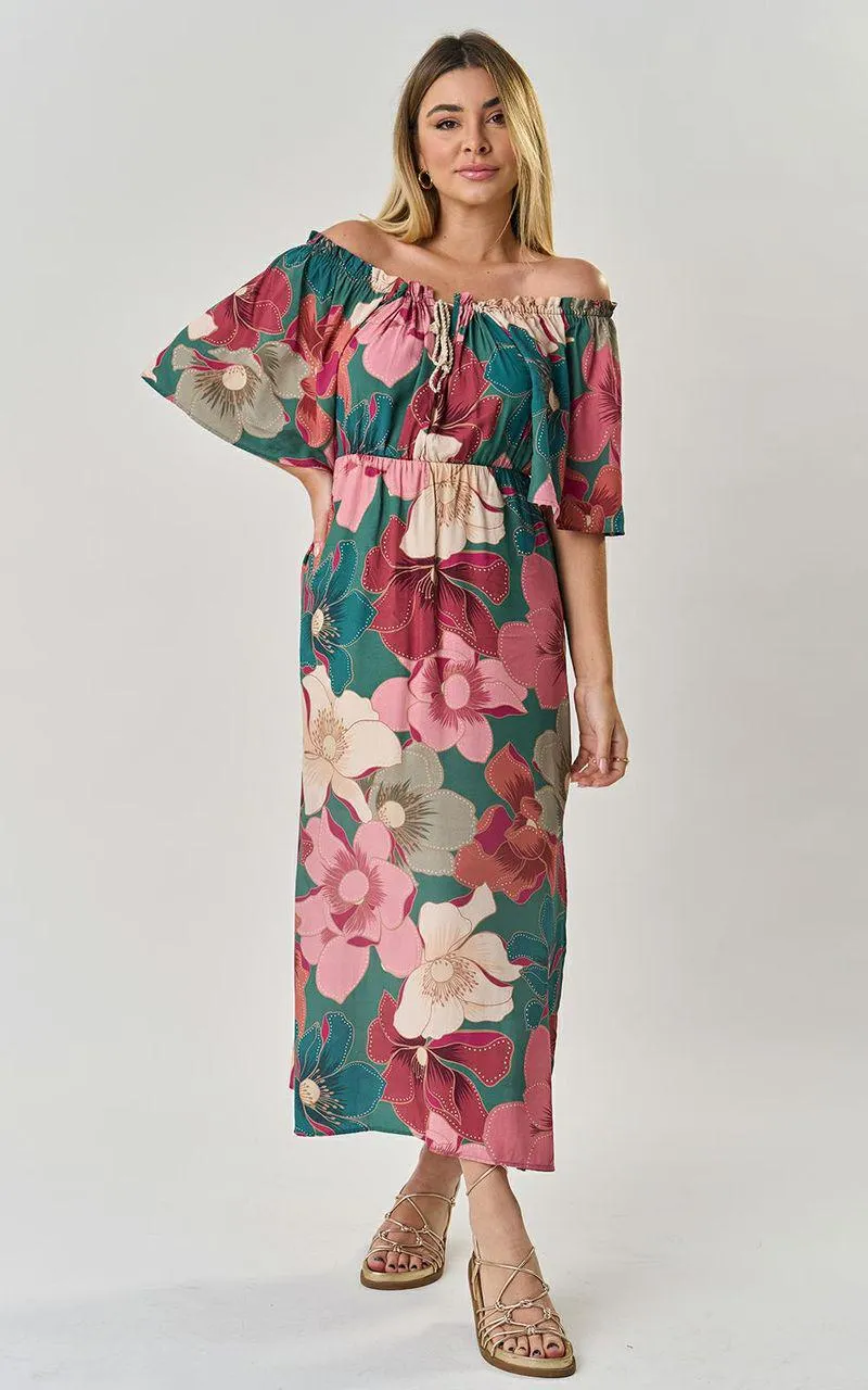 Vestido longo Indian Modern c/ fendas - FLORES BORDADAS