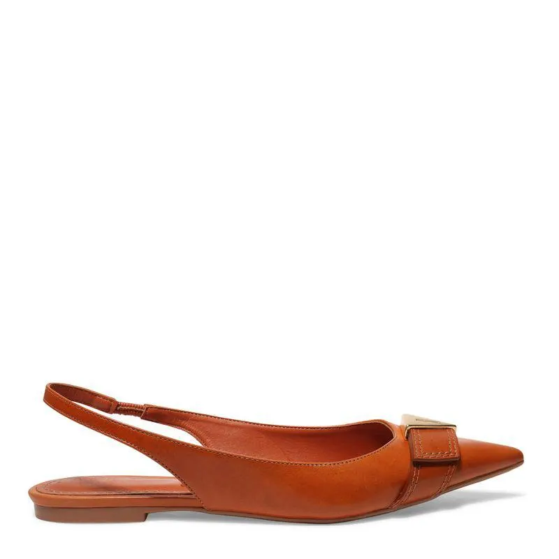 Sapatilha Laranja Couro Bico Fino Slingback Metal
