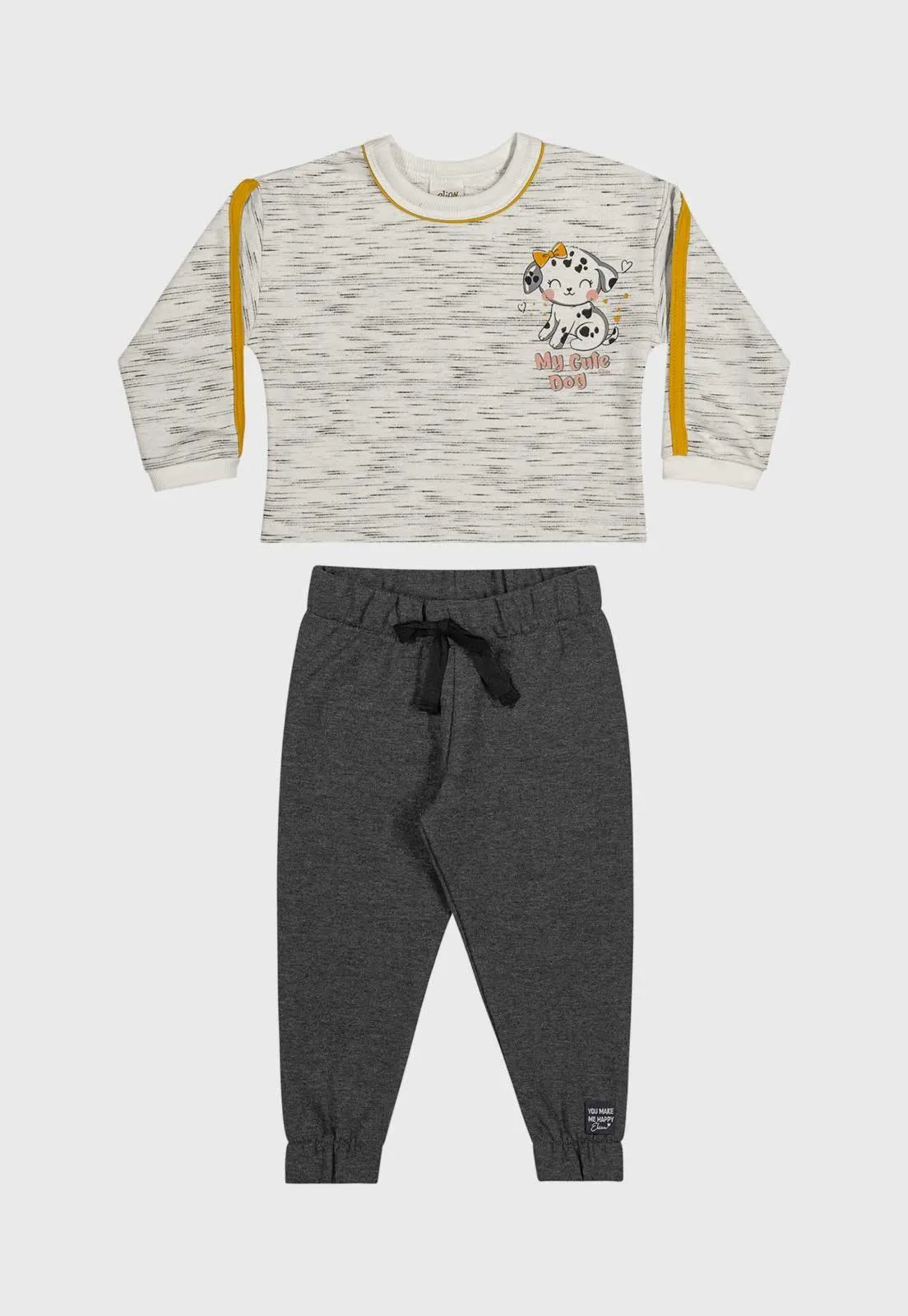 Conjunto 2pçs Manga Longa Infantil Elian Cute Dog Off-White/Grafite