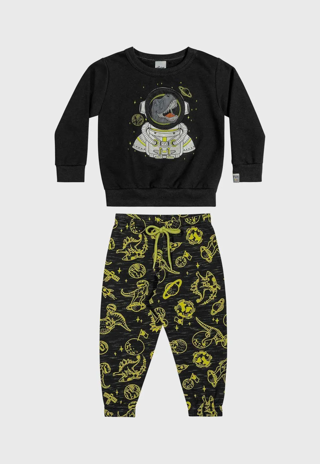 Conjunto 2pçs Manga Longa Infantil Elian Dinossauro Preto