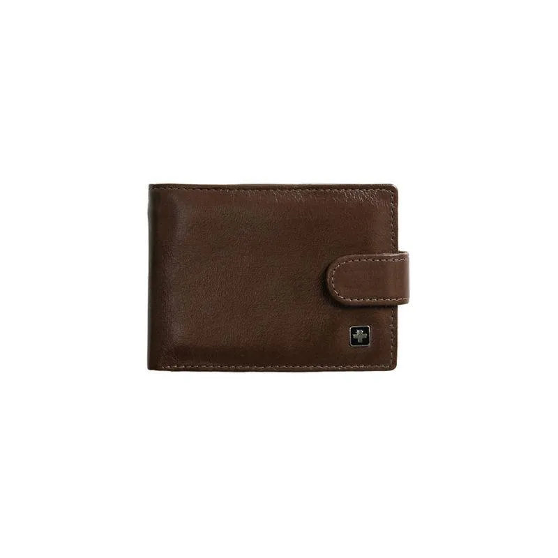 Carteira Masculina de Couro com Fecho em Botão e Porta Documento Suissewin Café