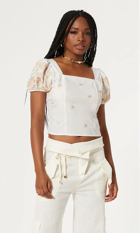 Cropped Manga Bordado Flower - Off