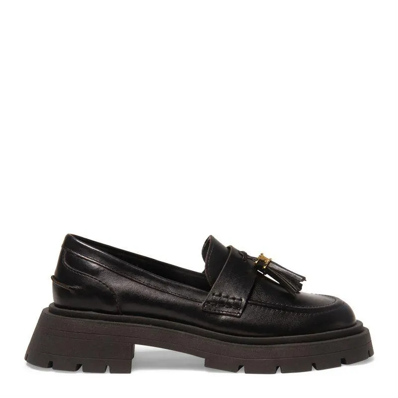 Sapato Mocassim Preto Couro Tassel Tratorado
