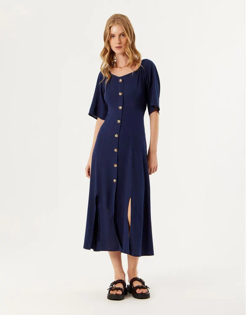 Vestido Botões Recortes Fenda - Azul Marinho