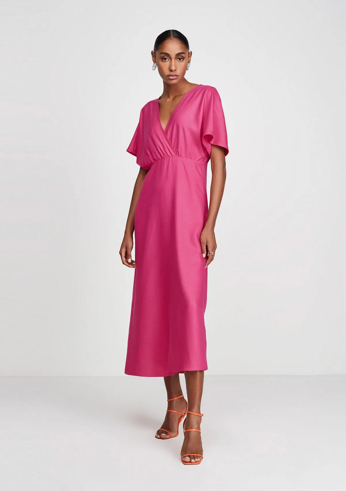 Vestido Midi Transpassado Decote V Em Viscose Evasê - Rosa