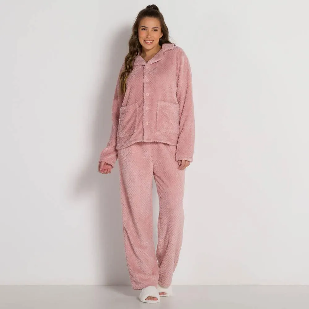 Pijama de Fleece Waffle Aberto Patricia Foster Rose