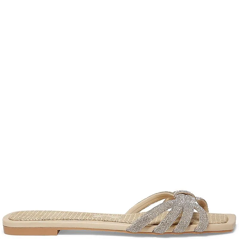 Rasteira Bege Strass Bico Quadrado