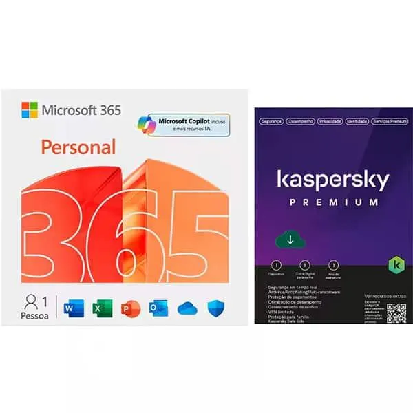 Microsoft 365 Personal com Copilot: 1 Licença, Assinatura 12 meses + Kaspersky Antivírus Premium, 1 dispositivo Licença 12 meses - Digital para DOWNLOAD 1 UN