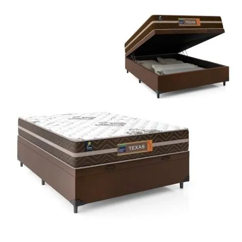 Cama Box Baú Casal Texas Molas Ensacadas 138x188x61cm Marrom/Branco - Suporta até 120kg por Pessoa