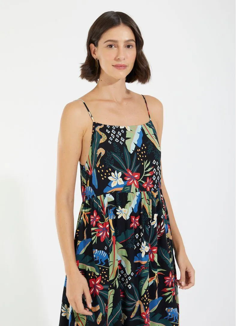Vestido longo alça estampado nativa preto
