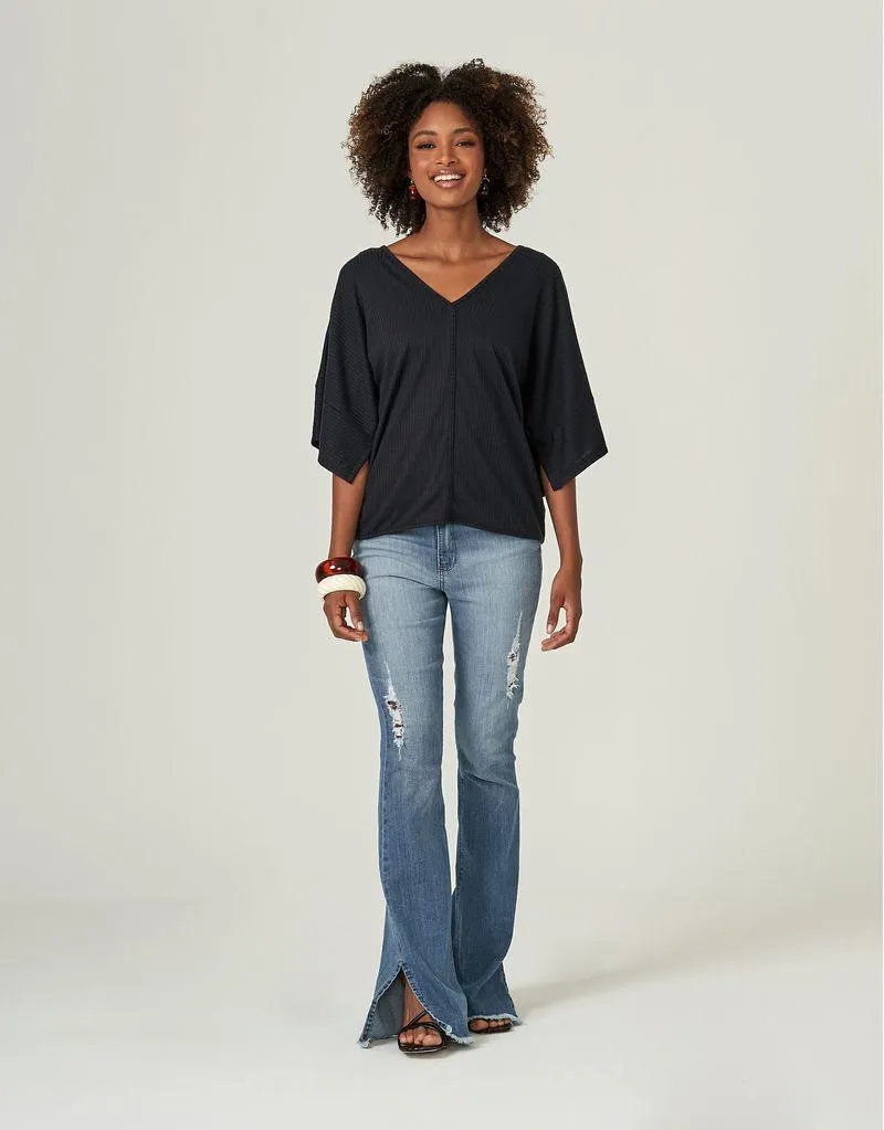 Blusa Claudia Canelado Lisa - Preto
