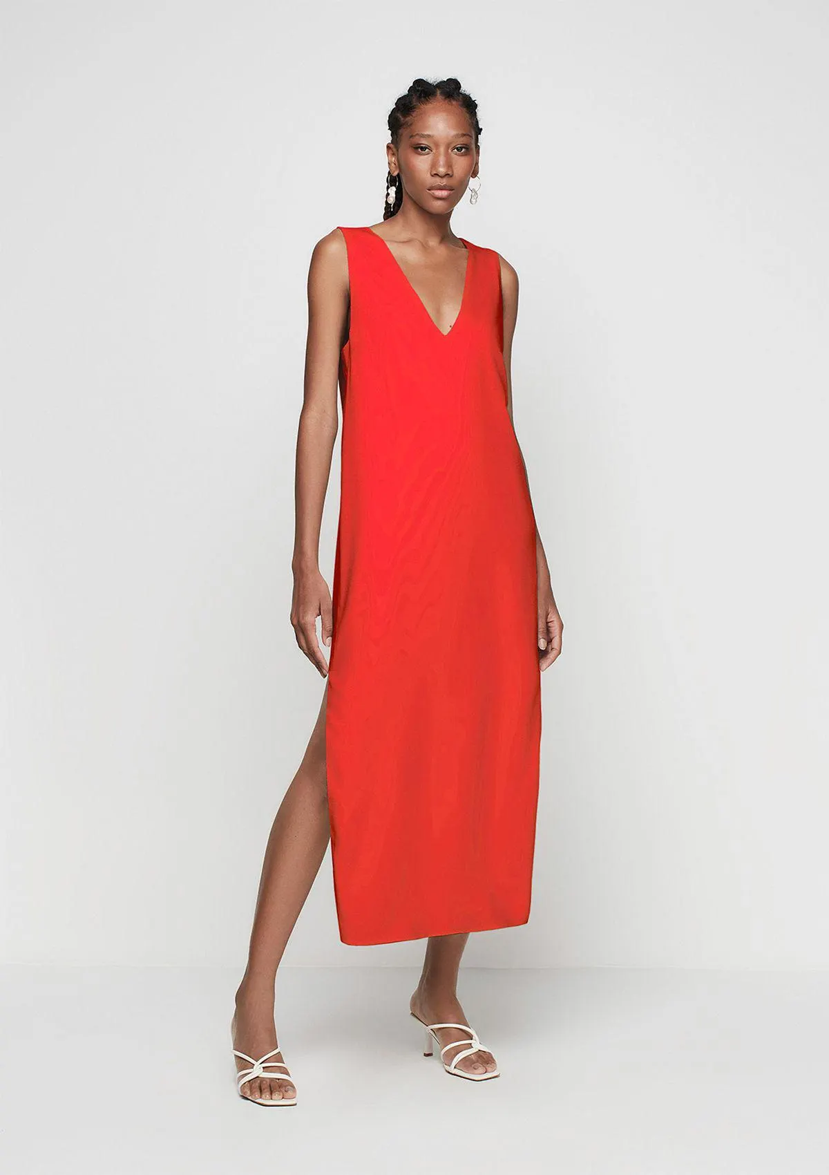 Vestido Midi Reto Decote V Com Fenda - Vermelho