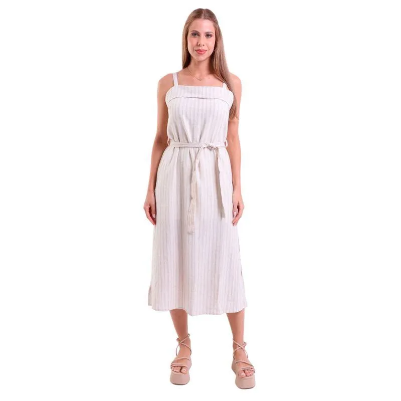 Vestido Linho Breeze Midi com Fenda Lateral Listrado Areia
